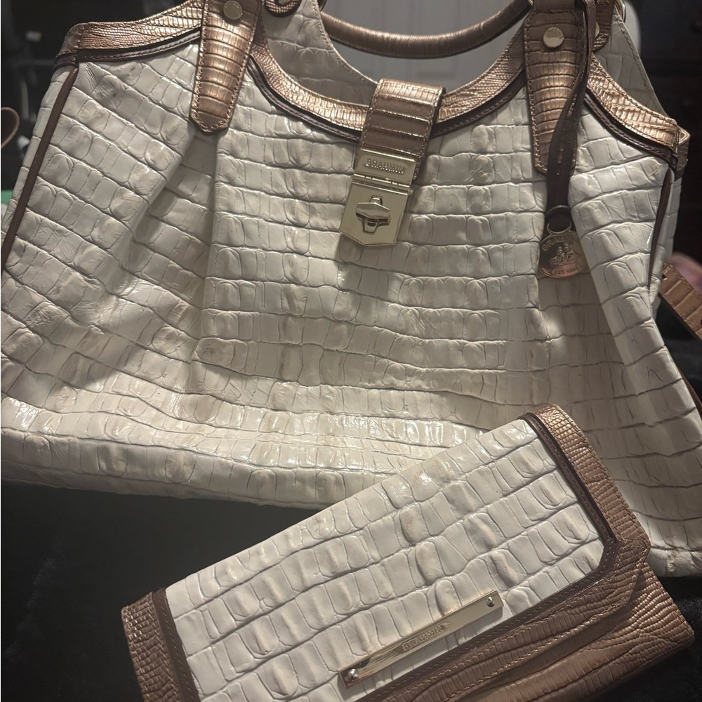 BEAUTIFUL BRAHMIN ‘MOTHER OF PEARL’ CROCODILE “ELISA” HOBO SATCHEL & WALLET